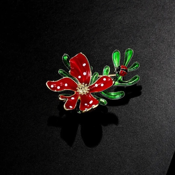 **QUINLAN* Red x Green Fashion Floral Ladybug Brooch - Picture 2 of 4